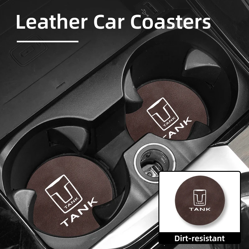 2Pcs Car Logo Coasters Leather Water Cup Non-Slip Mats For Great Wall GWM WEY Tank 300 500 Tank300 Tank500