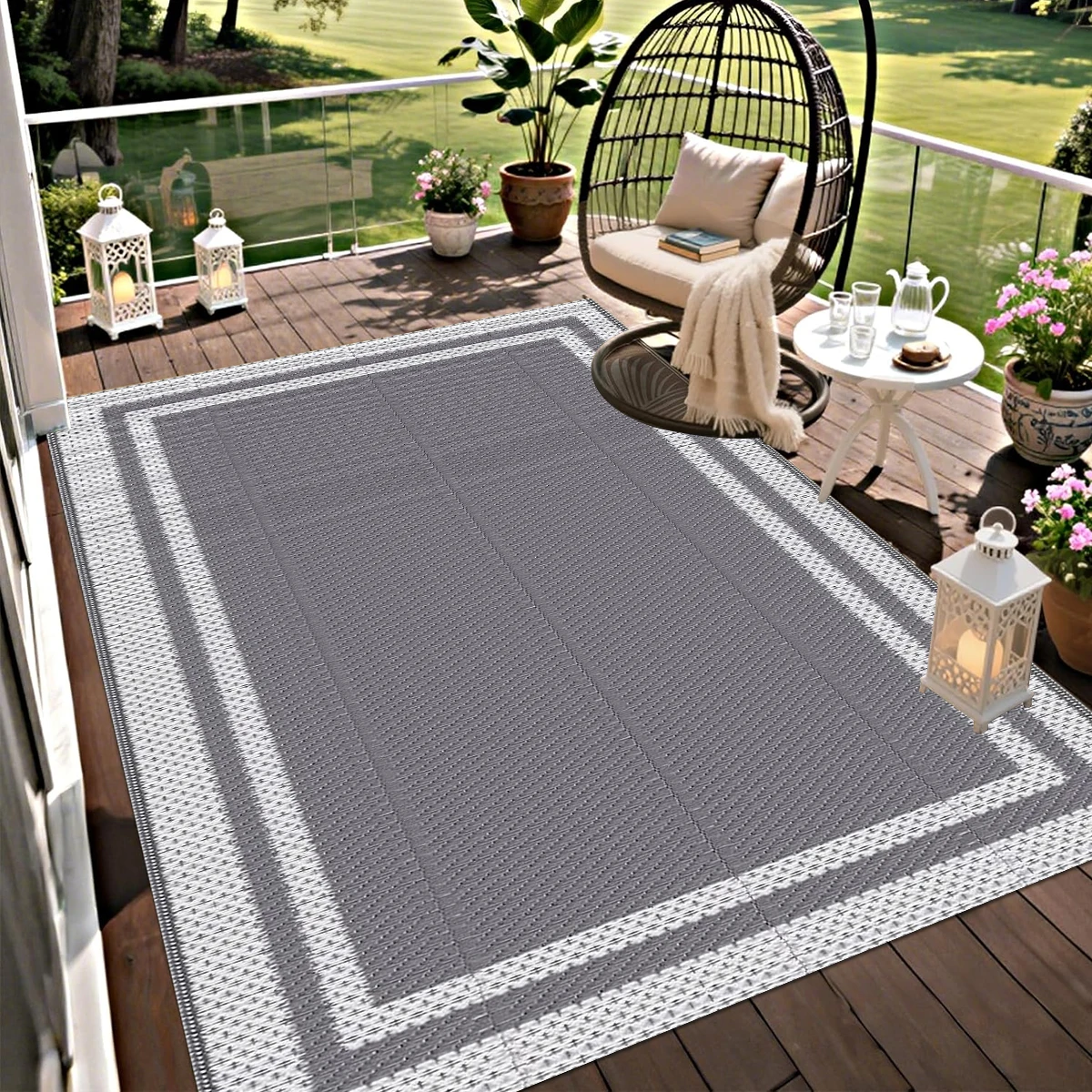 

Summer Outdoor Camping Picnic Blanket RV Picnic Beach, Swimming Pool, Balcony Grey Checkered Carpet Home Decoration outdoor rugs