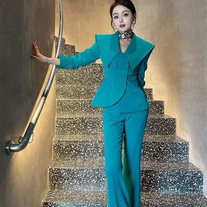 

New Fashion Design Formal Suit Women Elegant Turndown Collar Double-Breasted Jacket + High Waist Wide Leg Pants Two Pieces Set