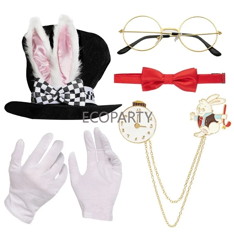 White Rabbit Costume Set Mad Hatter Hat Rabbits Ears Topper Plush Hat for Halloween Accessories Set