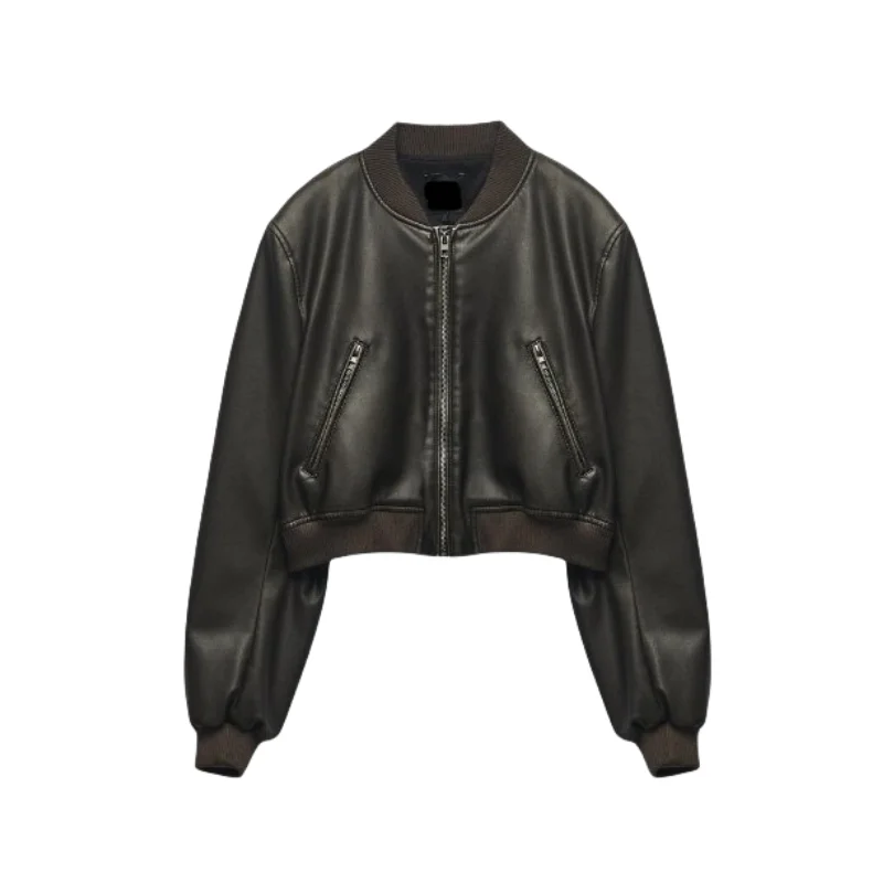 ETJ2023 New Women\'s Faux Leather Jacket Super Cool Mock Neck Motorcycle Short Coat Leather Coat