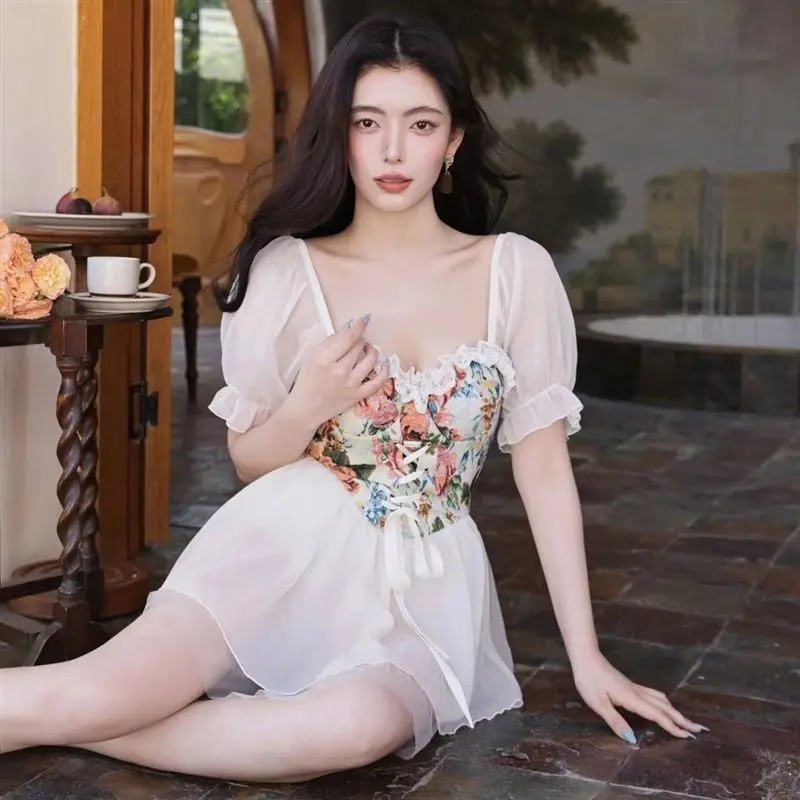 Vintage Y2K Girls Swimwear Fashion Women One-piece Mesh Beach Dresses Bikini Set Bathing Suit Summer Ladies Korean Sexy Swimsuit