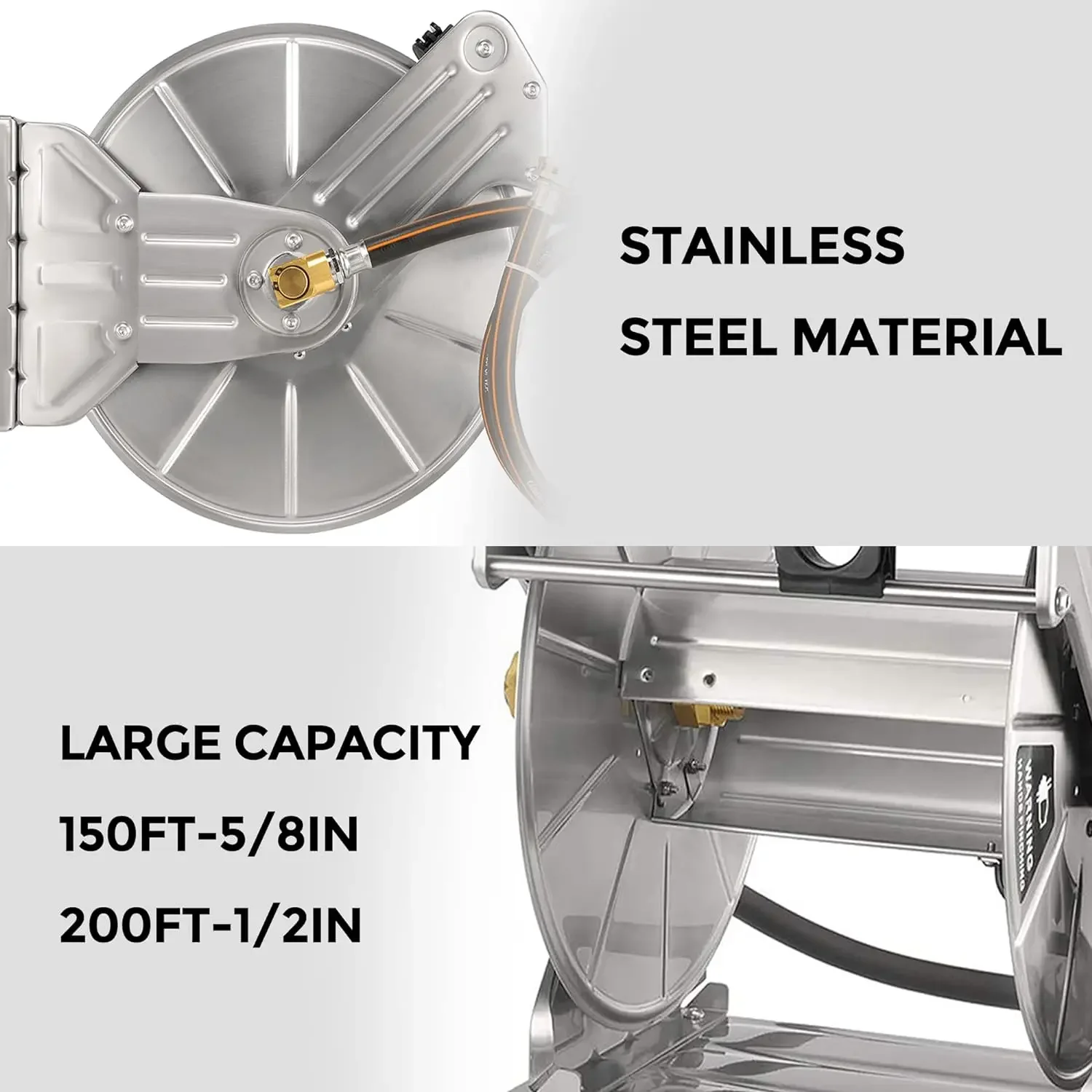 Stainless Steel Garden Hose Reel Heavy Duty, Wall/Floor Mounted Metal Water Hose Reel Retractable with Crank