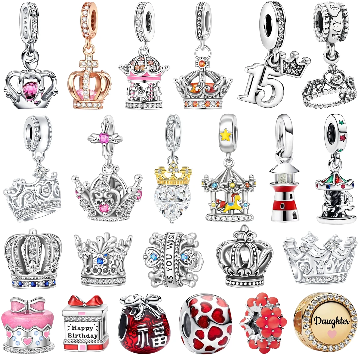 

925 Sterling Silver Crown Carousel Charms Birthday Cake Lighthouse Heart Spot Love Slogan Pendent Beaded Bracelet Jewelry Gift