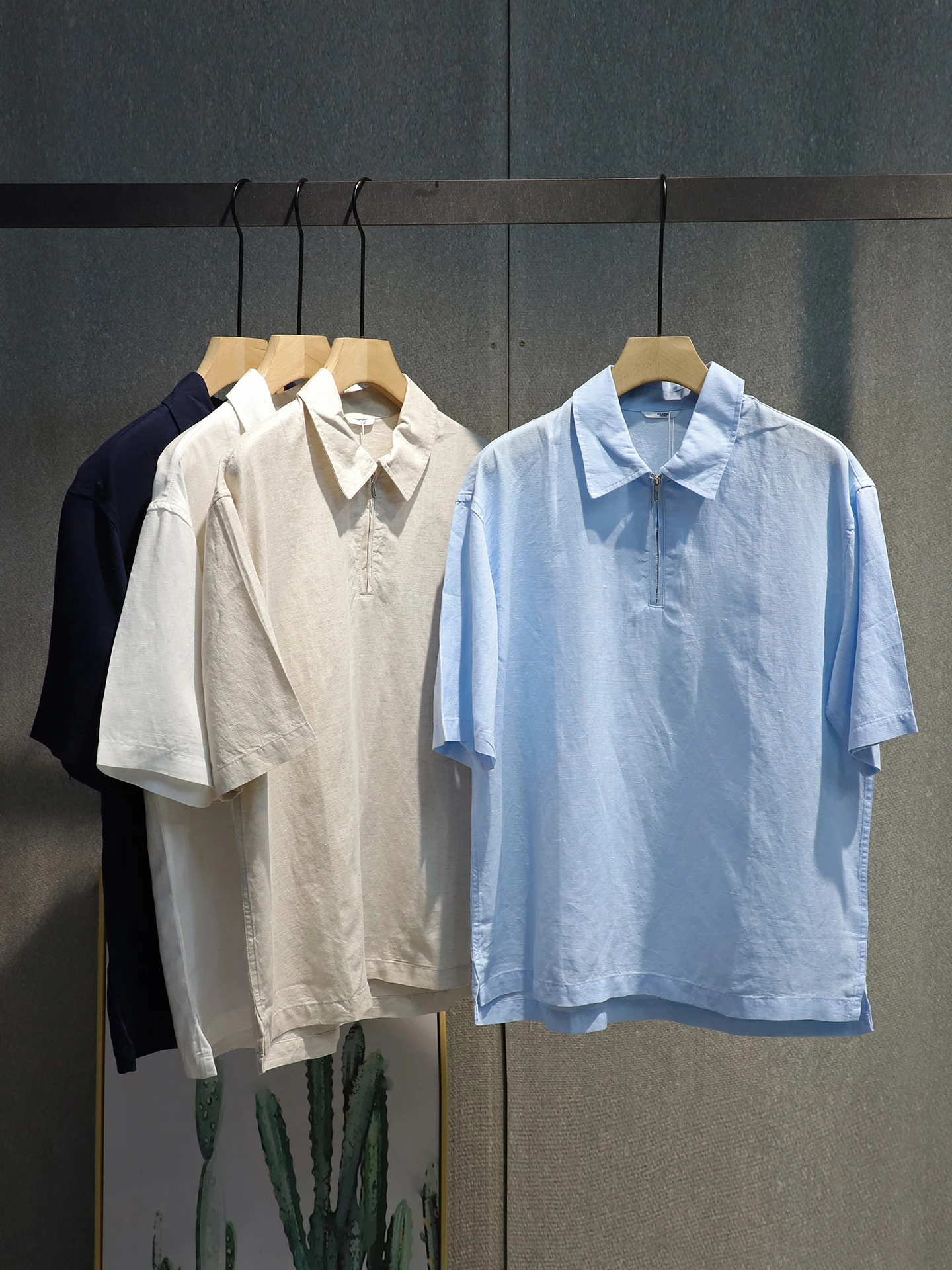 chemise-en-lin-ample-a-demi-fermeture-eclair-pour-homme-col-rabattu-style-paul-nouvelle-arrivee-ete-style-americain-manches-courtes