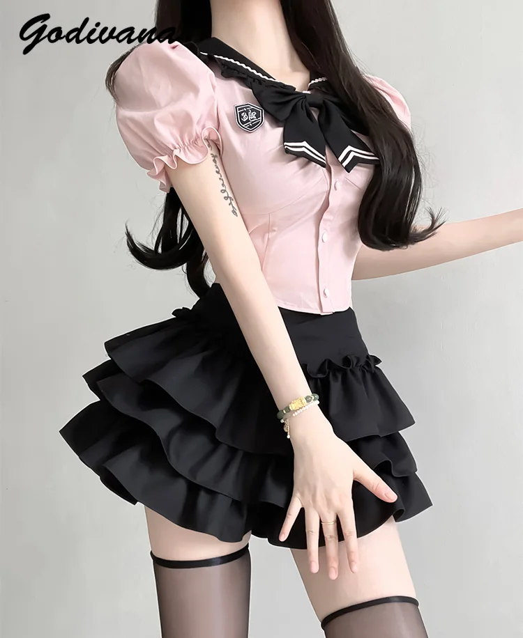

American Style Sweet Hot Girl Summer Skirt Suit College Student Girls Short Sleeve Shirt Top High Waist Cake Puffy Skirt Outfits