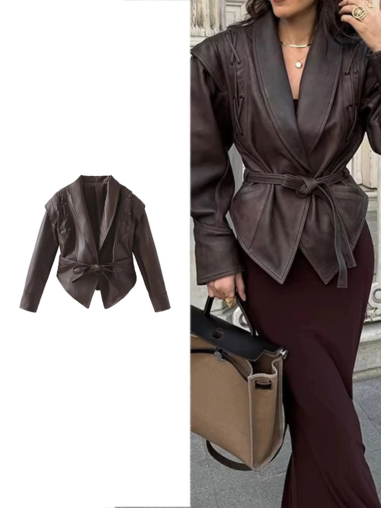 TRAF Women's Fashion Street Leather Jacket Pure Color Tie Women's Short Jacket Winter with Belt Lapel Long Sleeve Biker Jacket