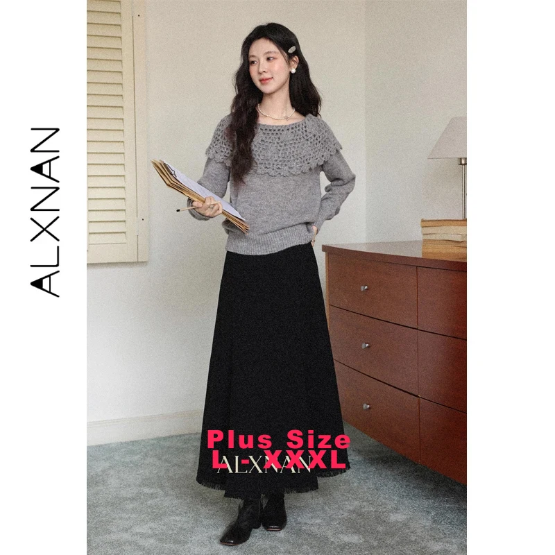 

ALXNAN Plus Size Gray Sweater Women Fall Winter Knit Pullover Chic Elegant Hollow Neckline Long Sleeve Sweaters Female D59513