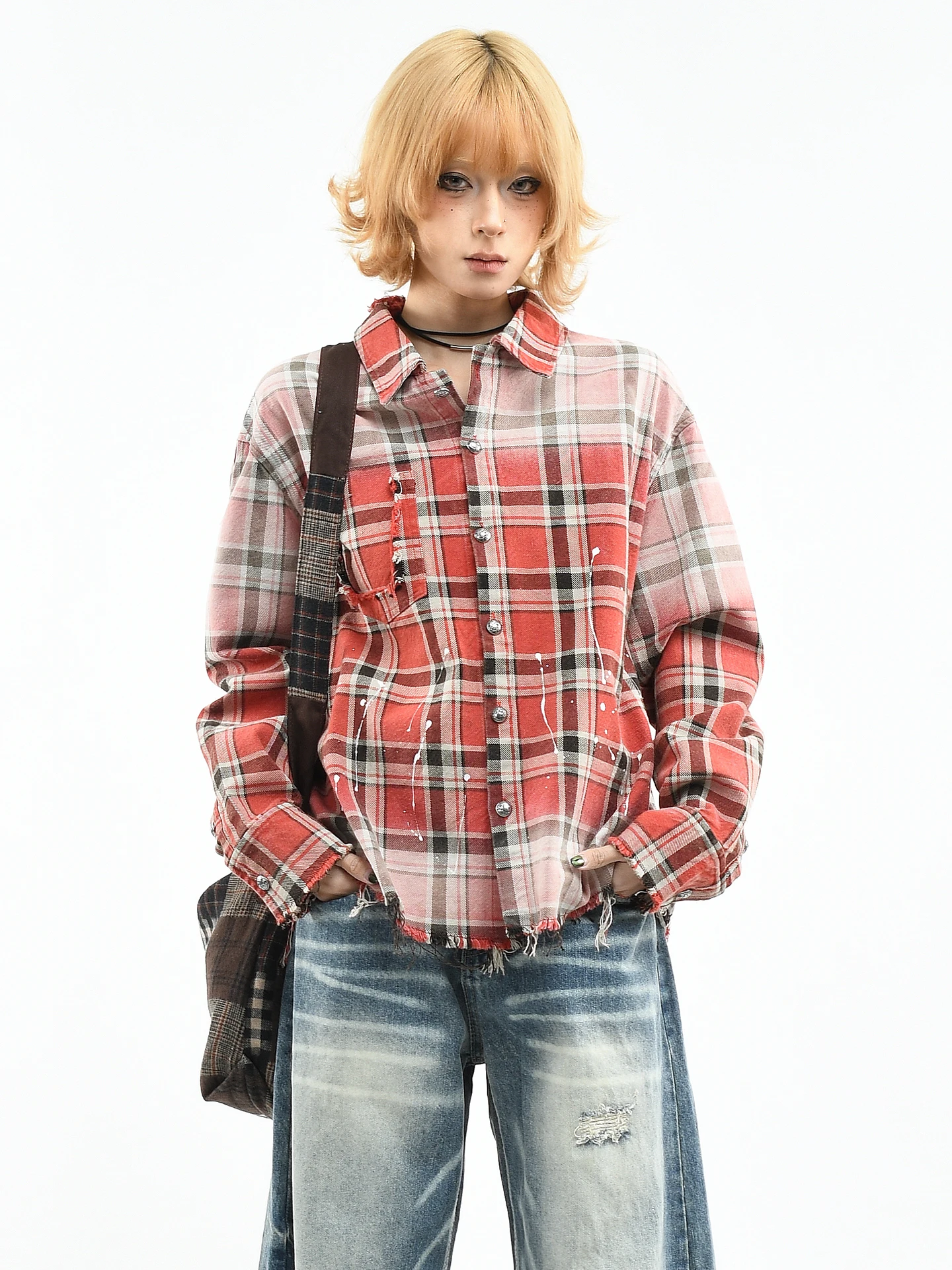 

Оригинальная американская ретро-куртка OV с эффектом потертости, женская свободная повседневная куртка с бахромой, мужская трендовая весенняя хлопковая куртка в клетку