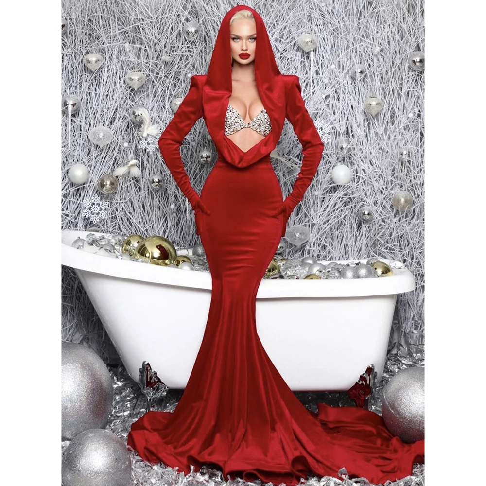 

Custom Made Ball Gown Red Formal Satin Hooded Evening Dress Cut-Out Crystal Bra Top Long Sleeves Mermaid Train Sexy Party Dress