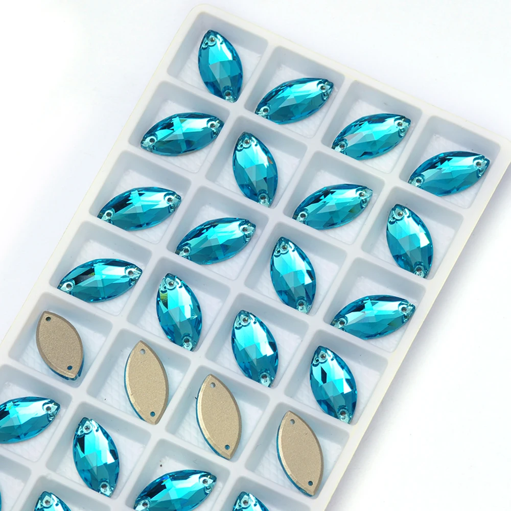 PUBRILE Aquamarin-Glas-Nähsteine Flache Strasssteine DIY Handarbeitsdekorationen Aufnähbare Kristallsteine für Taschen und Kleidung – Detail 6