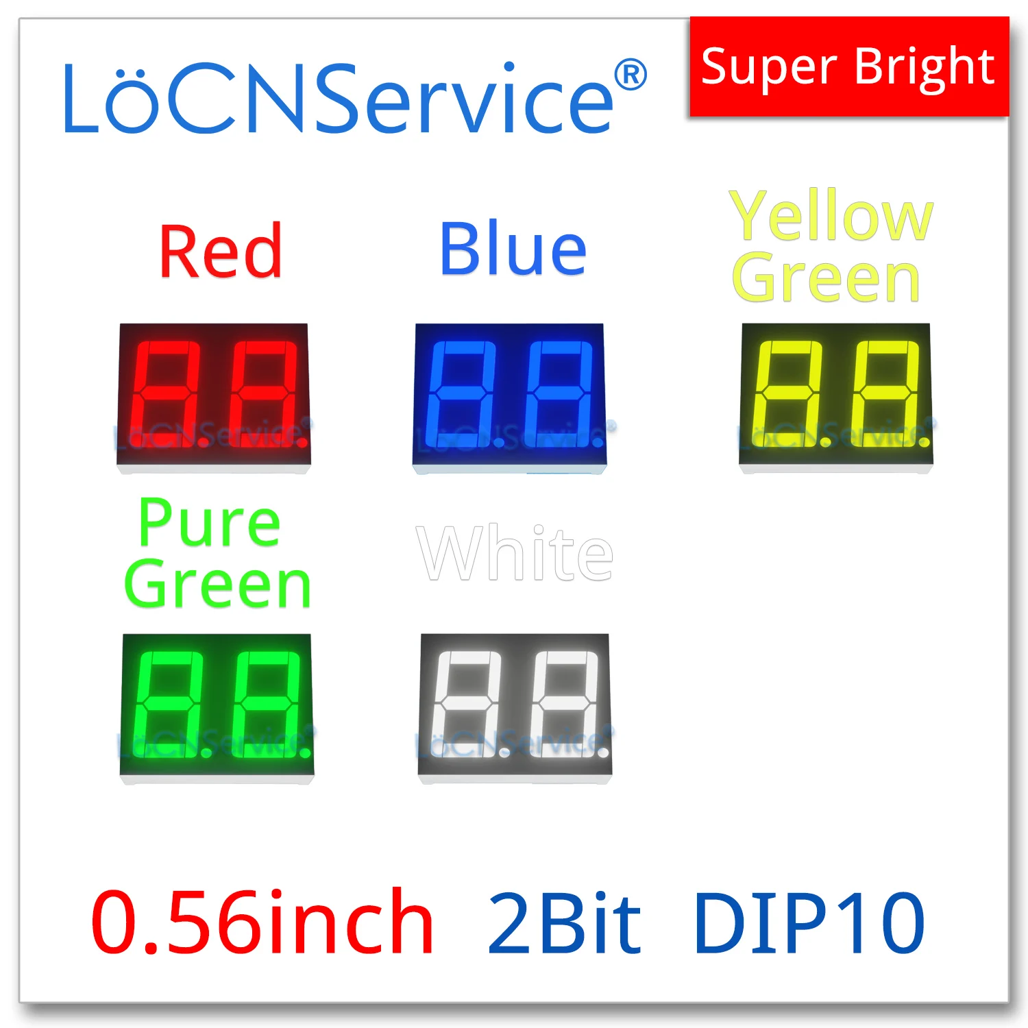 LoCNService 30 SZTUK 0,56-calowy cyfrowy wyświetlacz LED 2-bitowy Czerwony Żółty Zielony Niebieski Biały Wspólna anoda / Katoda 7 segmentów 0,56 cala