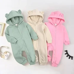 Winter Warm Baby Boy Romper Lange Mouw Capuchon Rits Babykleding Meisje Romper Mode Effen Pasgeboren Kleding 3-24 Maanden