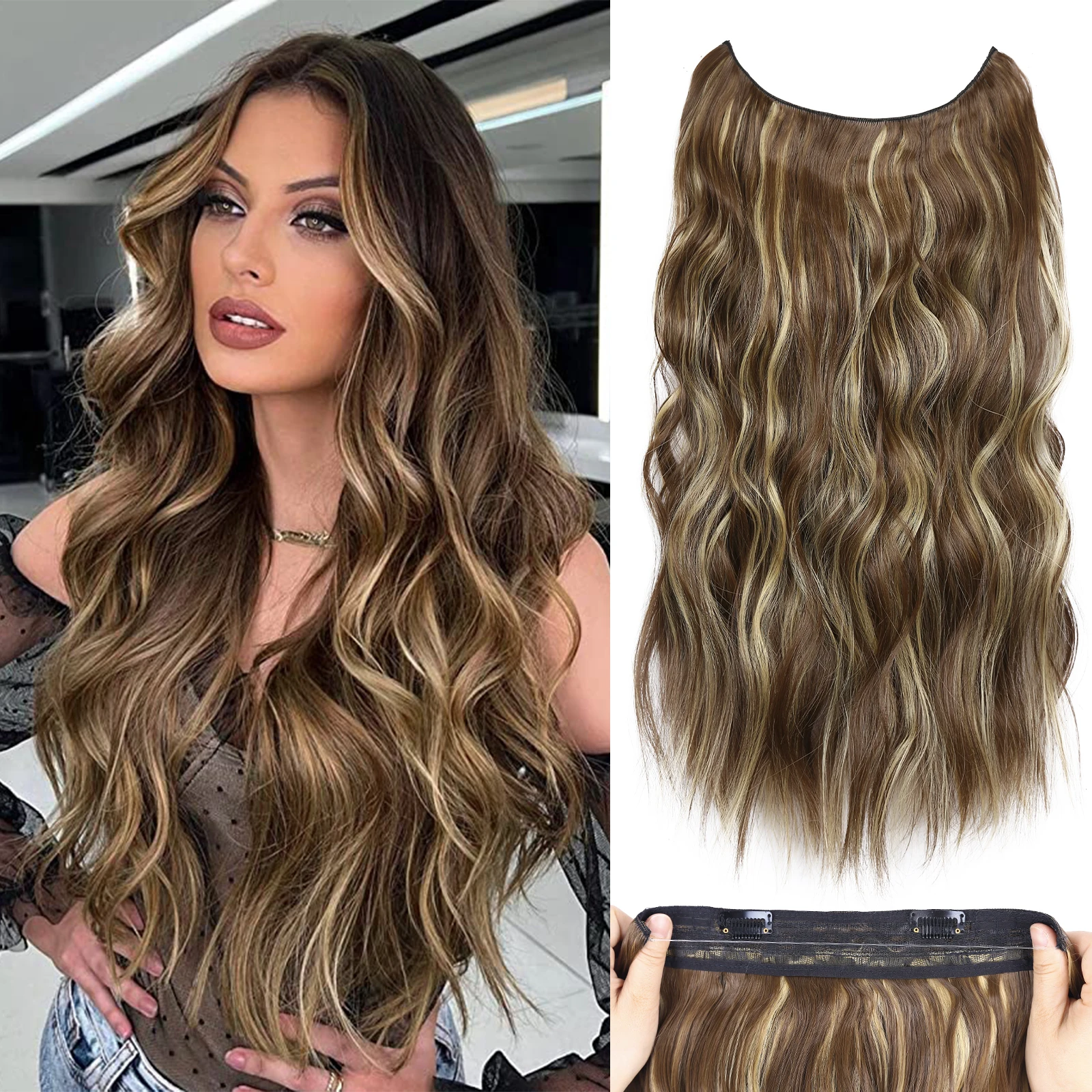 Synthetic Wire Hair Extension Invisible 20Inch 2Clips On Hair Extensions Long Wavy Fish Line Layered Hairpiece For Woman