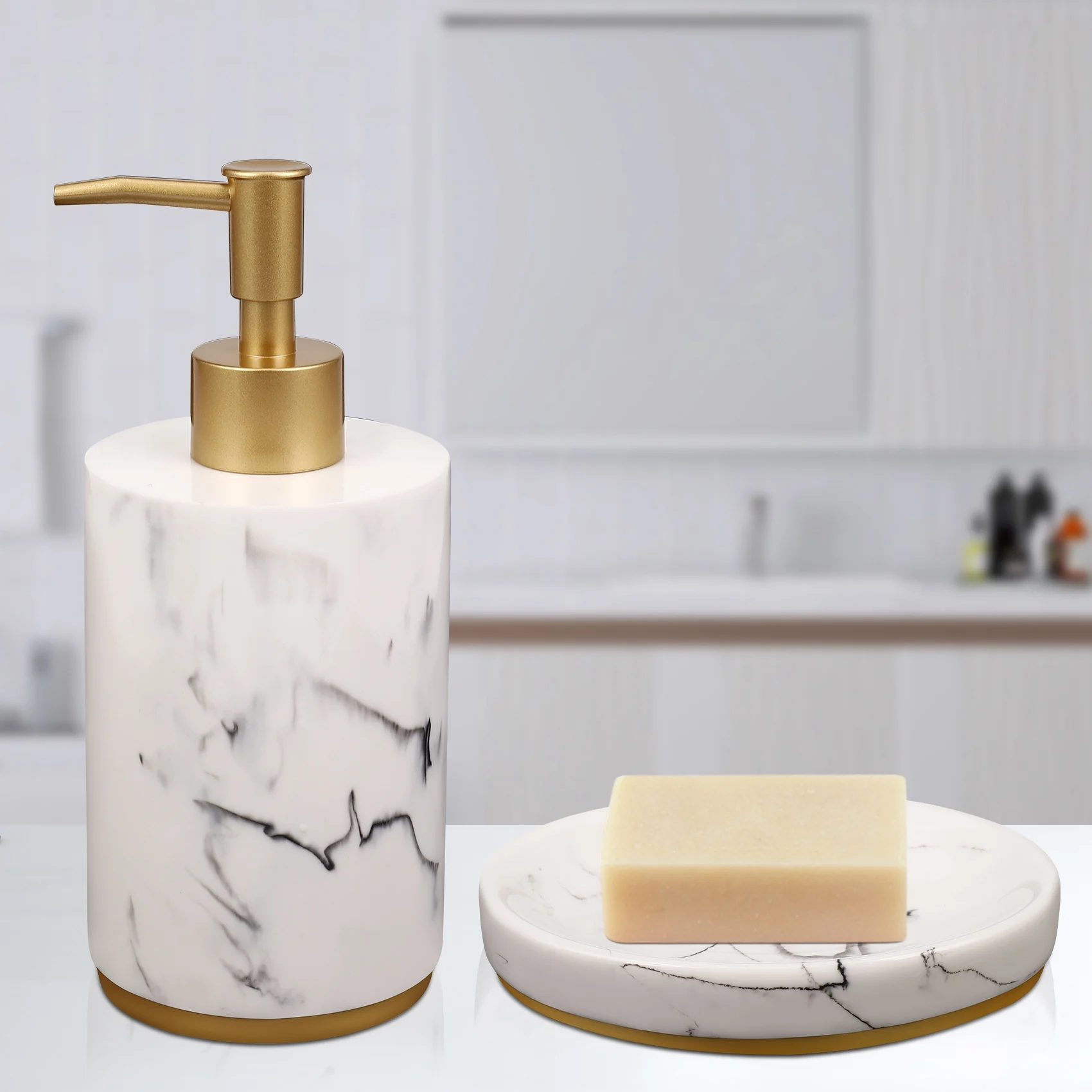 

A89X Bathroom Accessories Set, 5 Pieces Bath Ensemble, Bath Set Collection Marble Pattern Soap Dispenser Pump, Toothbrush Holder