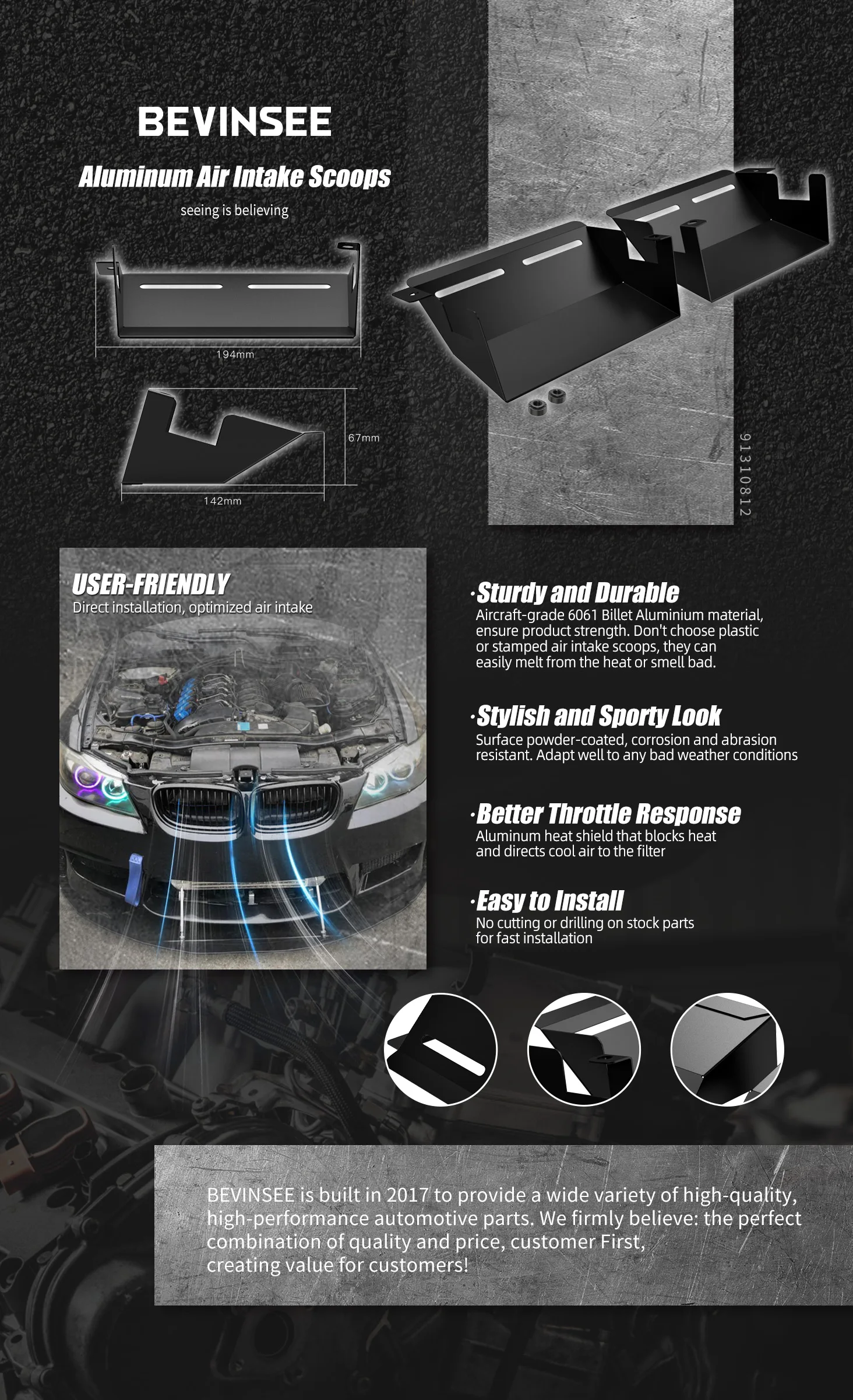 BEVINSEE Aluminium-Lufteinlässe für 3er BMW E90/E92/E93 323i 325i 328i 330i 335i 335d 2007-2012 – Detail 2