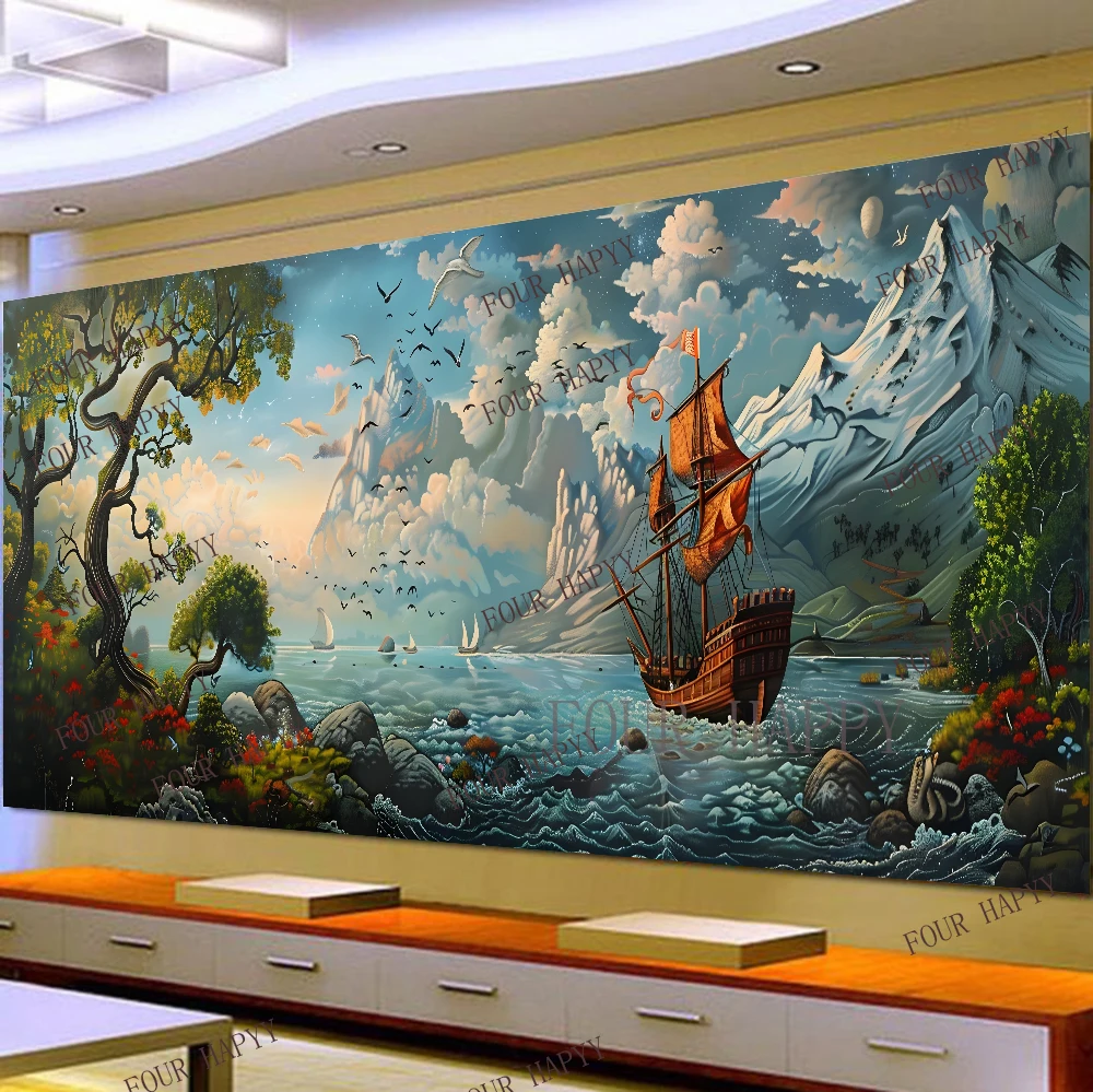 5D DIY Large Diamond Painting Cross Fantastical Voyage Sea Landscape Wall Art, Full Round Drill, Embroidery Home Decor