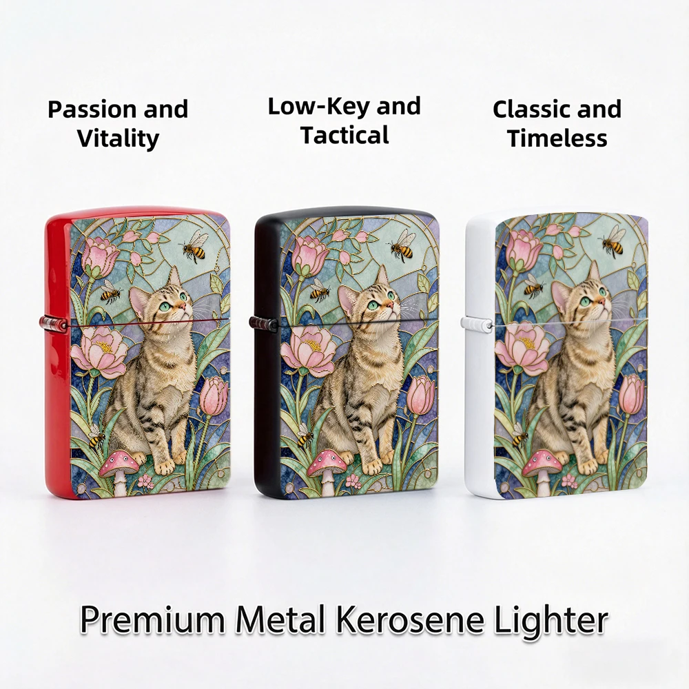 Vintage Flip Top Lighter lighters vintage Tabby Cat Bee Tulip Flower Mushroom Stained Glass Style Art Print lighters for smokers