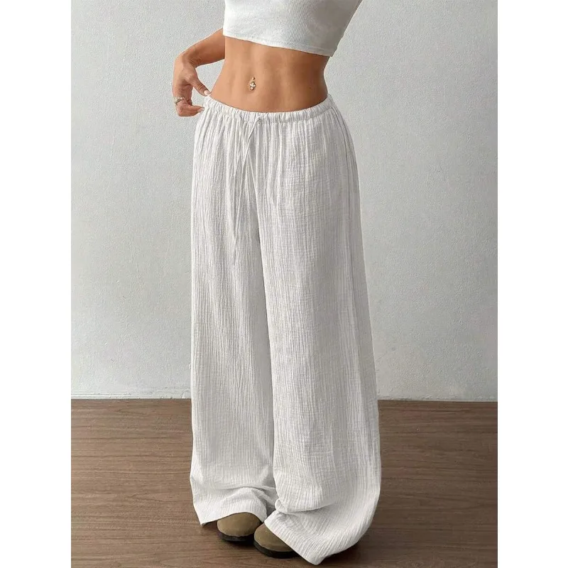 Pantalón informal cómodo y versátil con cintura elástica para mujer, pantalones de pierna ancha de cintura alta, ligeramente elásticos, sencillos, de Color sólido
