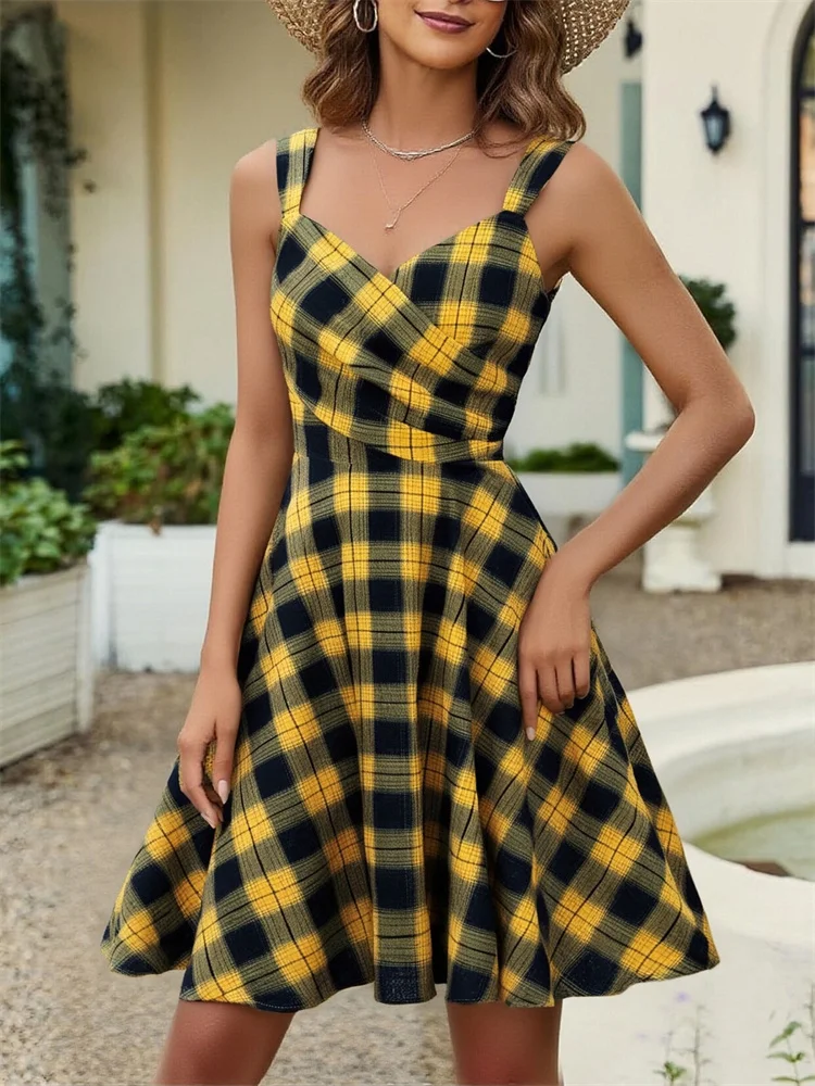 ชุดเดรสสั้นสไตล์ฝรั่งเศสสำหรับงานเต้นรำยามค่ำคืน  สำหรับสุภาพสตรี สไตล์วินเทจยุค 50 ลายสก็อต คอวี ทรงเอไลน์ กระโปรงบานใหญ่ สายเดี่ยว