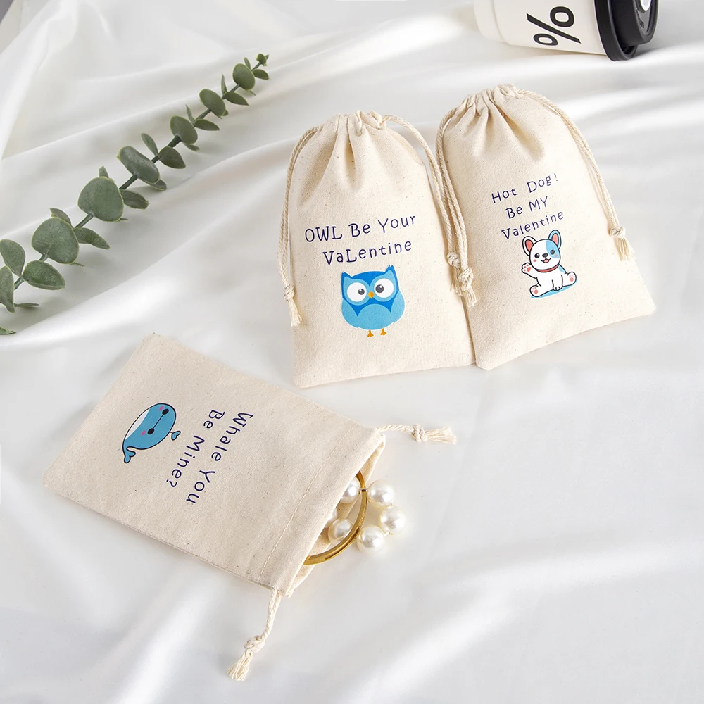 

10Pcs Valentine's Day Canvas Treat Bag Burlap Muslin Cotton Children Classroom Exchange Prizes Pouches Candy Gift Jewelry Pocket
