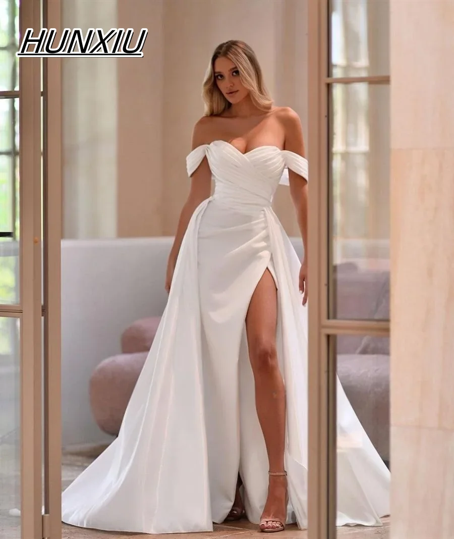 Customized Matte Satin Wedding Dress with High Slit Off-the-Shoulder Neckline Crisscross Ruched Bodice To Measure Robe Mariee