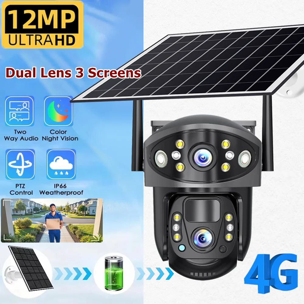 

12MP 6K 4G Solar Security Camera Outdoor Waterproof PTZ Dual Lens Three screens Full Color Night Vision Motion Detection CCTV