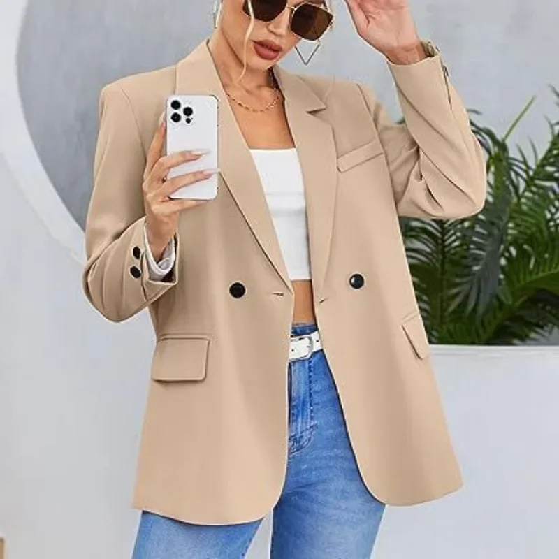 Women Autumn Blazer Solid Color Lapel Single Button Cardigan Warm Formal V Neck Plus Size Office Lady Business Suit Coats S-5XL