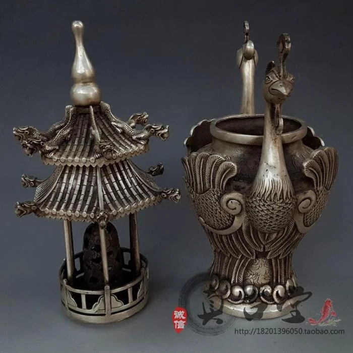 Antique Brass Silver Plated Large Dragon And Phoenix Tower Furnace Ornaments, Fragrant Sandalwood Furnace, Aromatherapy Furnace