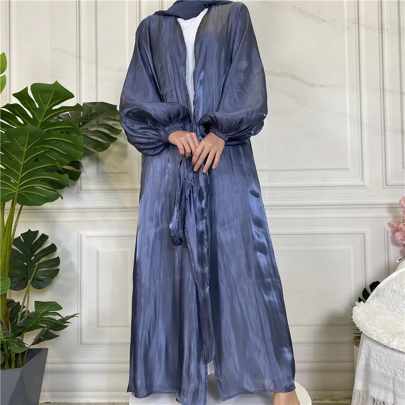 2024 New Muslim Casual Shiny Satin Cardigan Robe Coat Middle Eastern Solid Loose Sleeve Robe Clothing