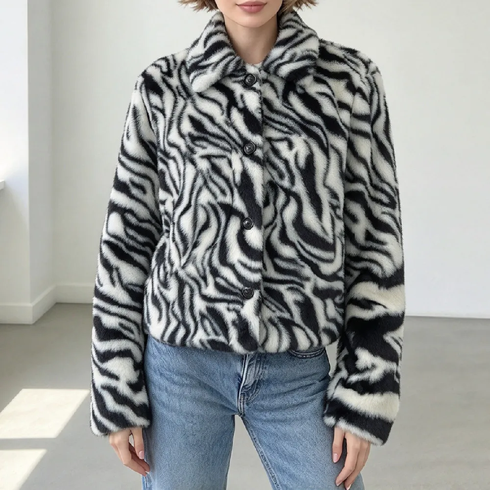 Autumn Winter Women Black White Zebra Stripes Hairy Faux Fur Coat Lapel Collar Long Sleeve Shaggy Jacket Short Outerwear