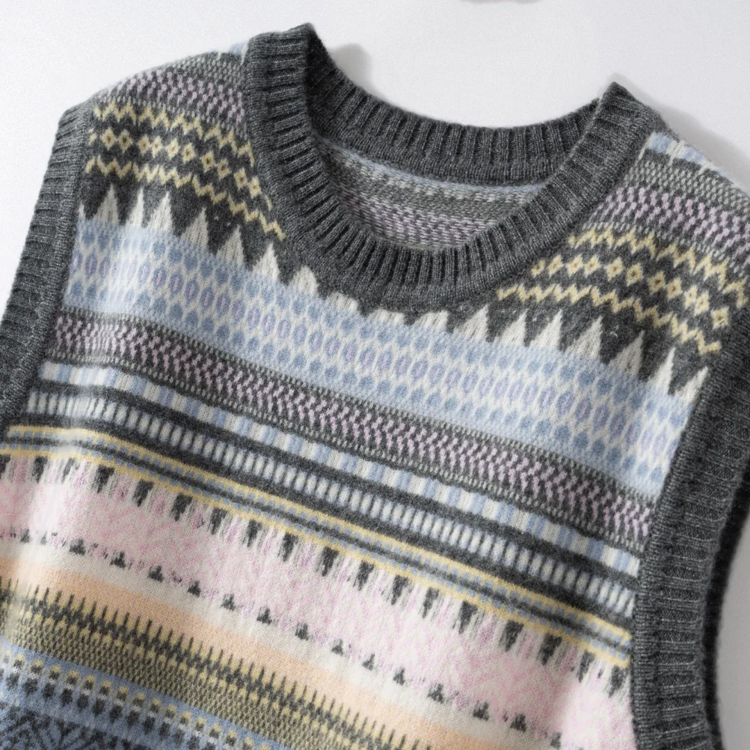 เสื้อกั๊กถักนิตติ้งทรงหลวมสำหรับผู้หญิง คอกลม ลายเรขาคณิต เนื้อผ้านุ่ม สวมใส่สบาย สไตล์ลำลอง