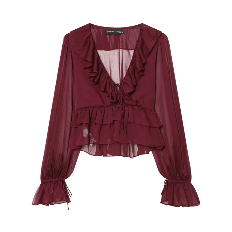 Minimalist French Style Long Sleeved V-Neck Top Slightly Transparent Ruffle Edge 2026 Spring Summer New Arrival