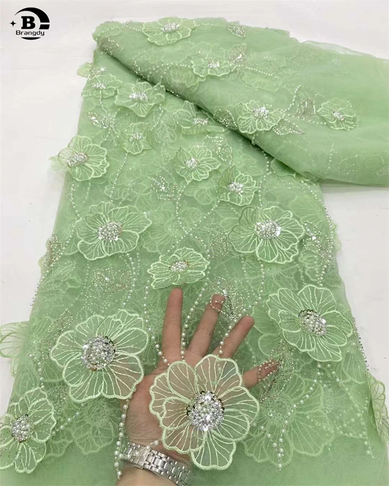 3D Flower Lace Fabric Embroidery Net Big Flower African Nigerian Sequin Tulle 3D Applique Net for Wedding Evening Dress Sewing