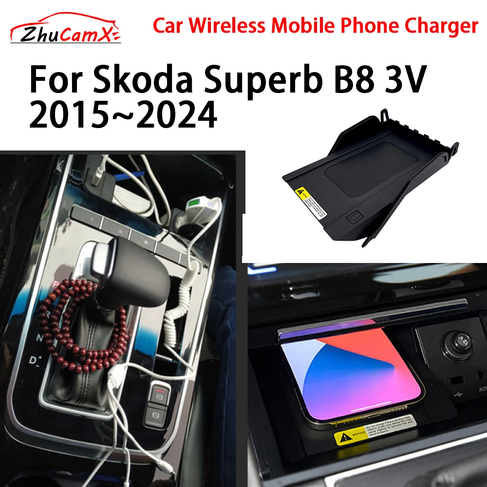 Car Wireless Mobile Phone Charger Center Console Storage QI 18W iPhone fast charge for Skoda Superb B8 3V 2015–2024