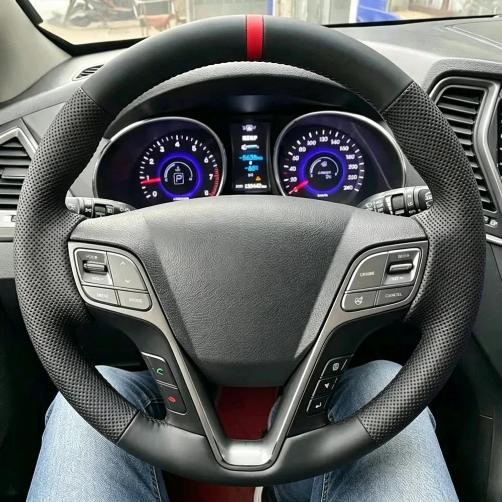 Handgenähte schwarze perforierte Mikrofaser-Leder-Lenkradabdeckung 2013-2015 Hyundai IX45 für Hyundai Santa Fe.