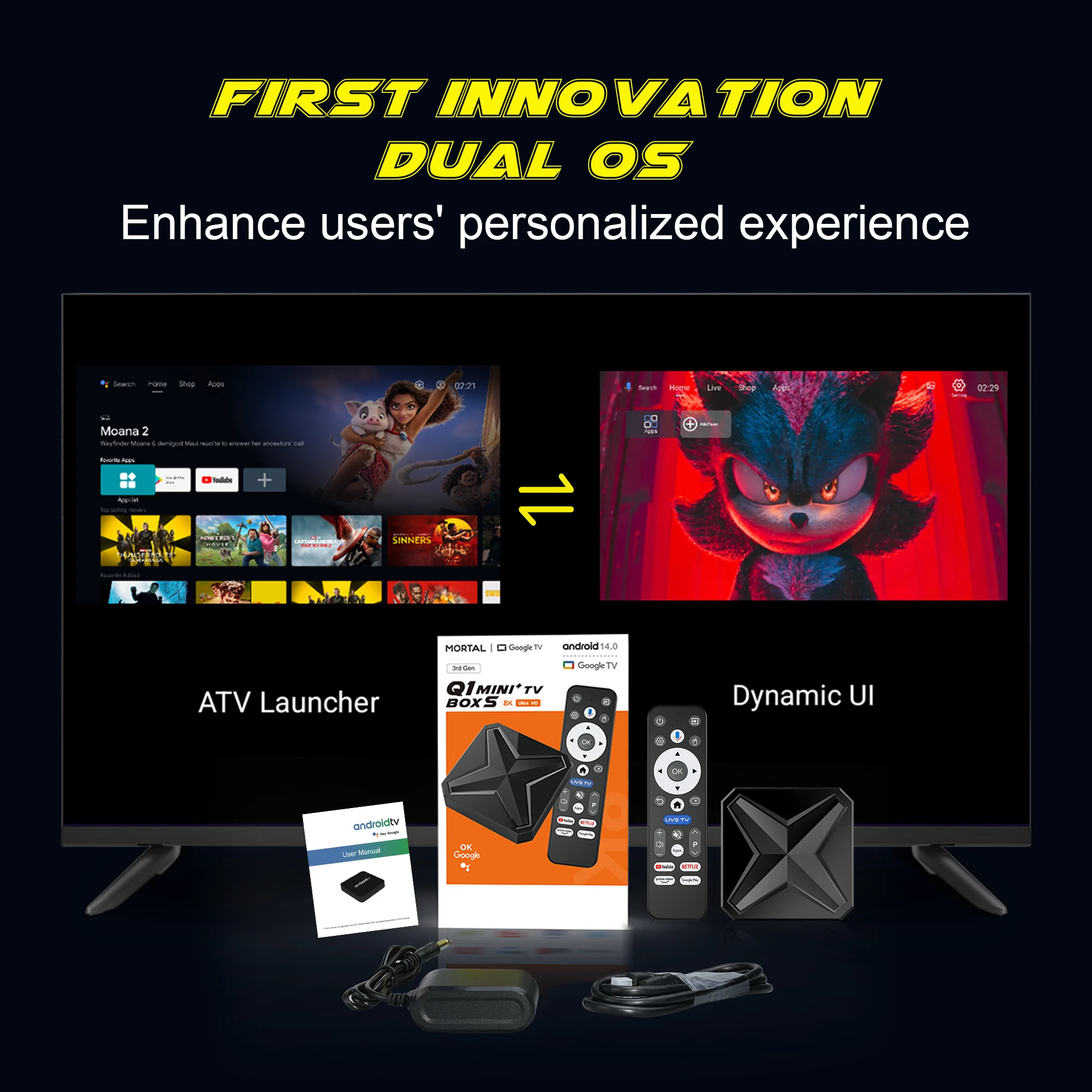 Q1 Mini + Android 14 صندوق التلفزيون الذكي 8K Ultra HD Dual-UI واجهة واي فاي 6 يدعم بلوتوث 5.0 مشغل الوسائط البث فك التشفير