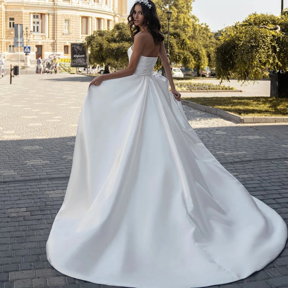 Luxury Satin Wedding Dresses for Women Strapless Korean Style Marriage Dress Weeding Shooting Dresses Floor Length Wedding Dress