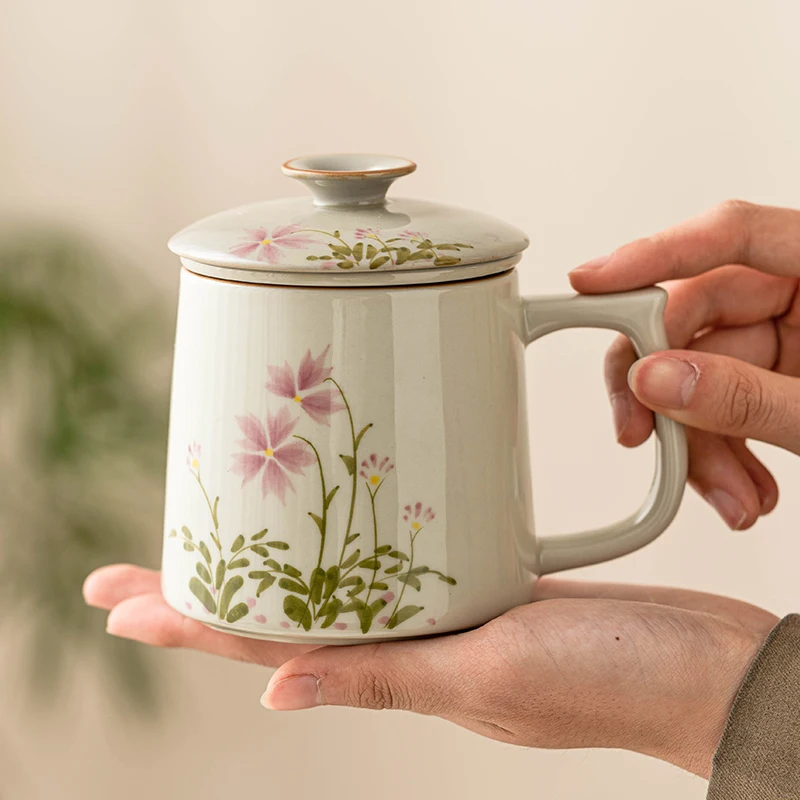 كوب تصفية وفصل الشاي بنمط الأزهار على الطراز الصيني، مع غطاء كوب بورسلين أبيض، كوب مكتب سيراميك لأدوات الشرب، قطعة واحدة #2