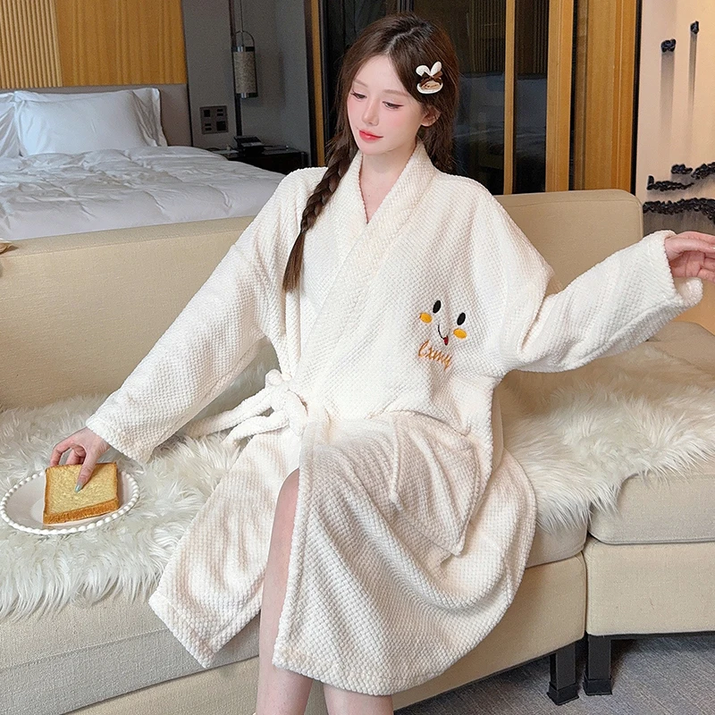 Oversized 1 Piece of Women's Solid Color Robe with Belted Soft and Warm Fleece Pajamas for Home Wear in Autumn and Winter Loose