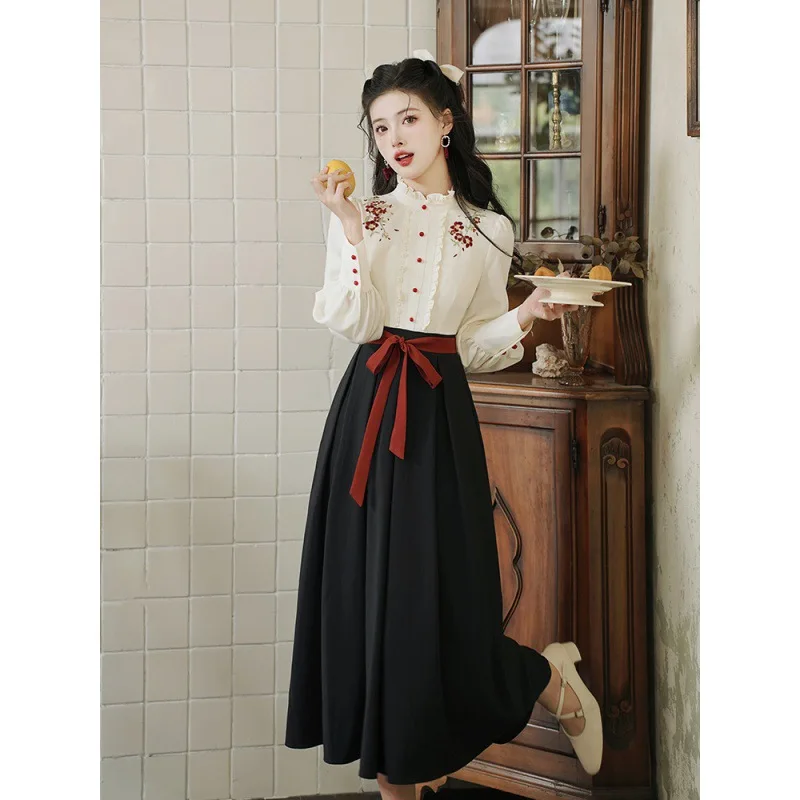 New Women's Clothing Spring Vintage Embroidered Fake Two-Piece Chinese Elegant Contrast Color Sweet Long Sleeve Dress