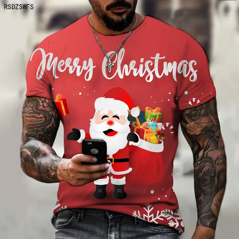 Brand Men\'s T-shirt Christmas New 3D Printing Santa Claus Christmas Tree Snowman Street Fashion Cool Top O-neck Design