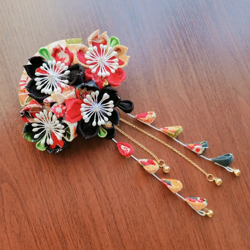 Handmade Lolita Japanese Style Hanfu Kimono Flower Cherry Blossom Fan Bell Tassel Girl Headdress Hair Accessories Barrettes