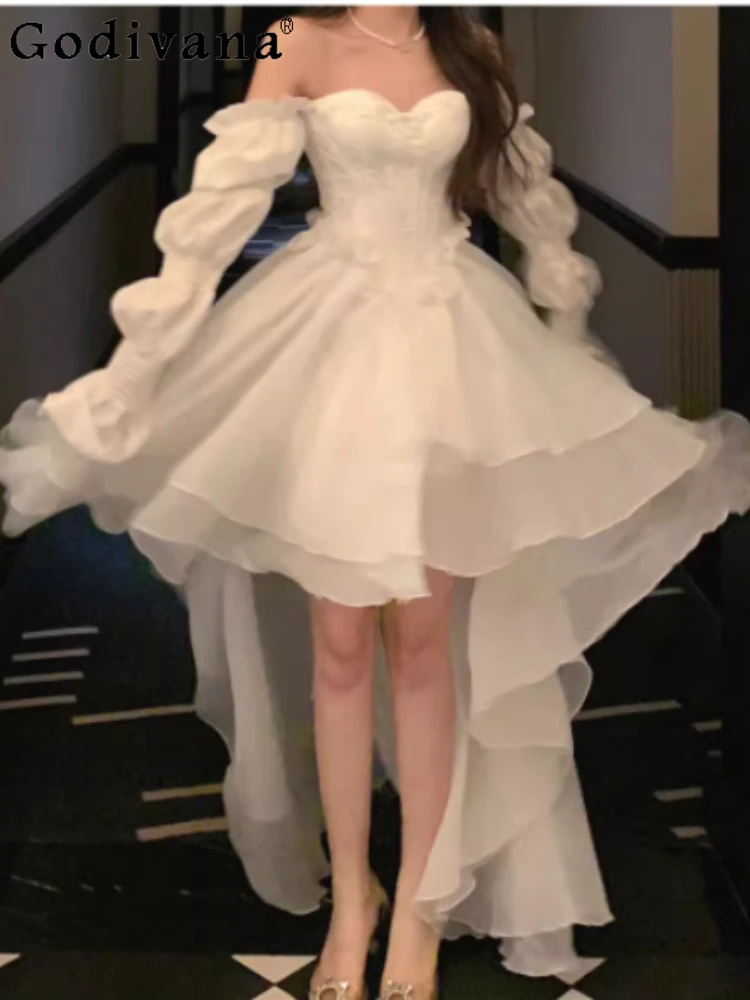 Temperament Slash Neck French Irregular Evening Dress Spring Autumn Girls Long Sleeve High Waist A-line Sweet Lolita Dresses