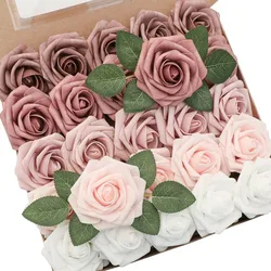 Artificial Flowers 25pcs Real Looking Dusty Rose Ombre Colors Foam Fake Roses with Stems for DIY Wedding Bouquets Bridal Shower