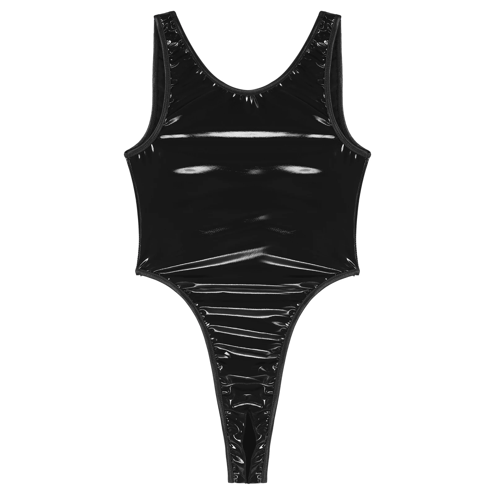 Sexy Mens High Cut Crotchless Patent Leather Bodysuit Catsuit One Piece Wet Look Backless Sleeveless Leotard Clubwear Costume