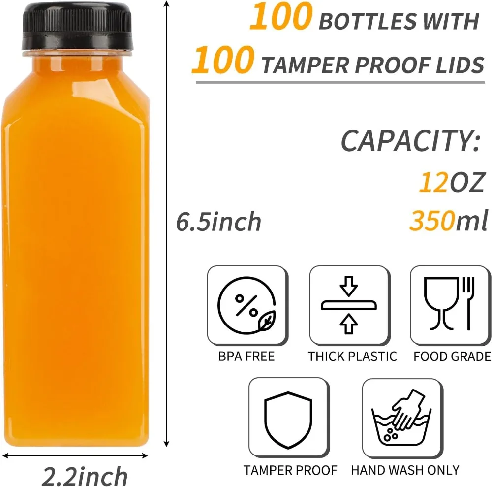 

100 шт. 12 унций пластиковые бутылки для сока с крышками, многоразовые контейнеры для напитков для приготовления сока, молока, смузи
