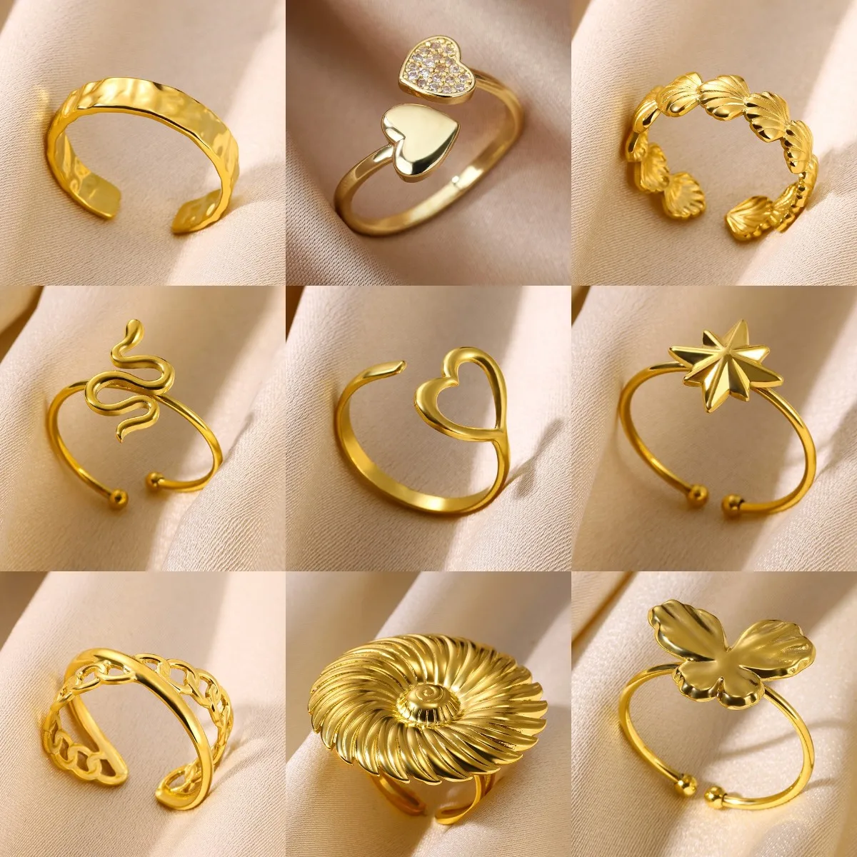 Minimalistische offene Schlangenringe aus Edelstahl, goldfarben, herzförmig, verstellbare Ringe, klassischer Partyschmuck, kostenloser Versand