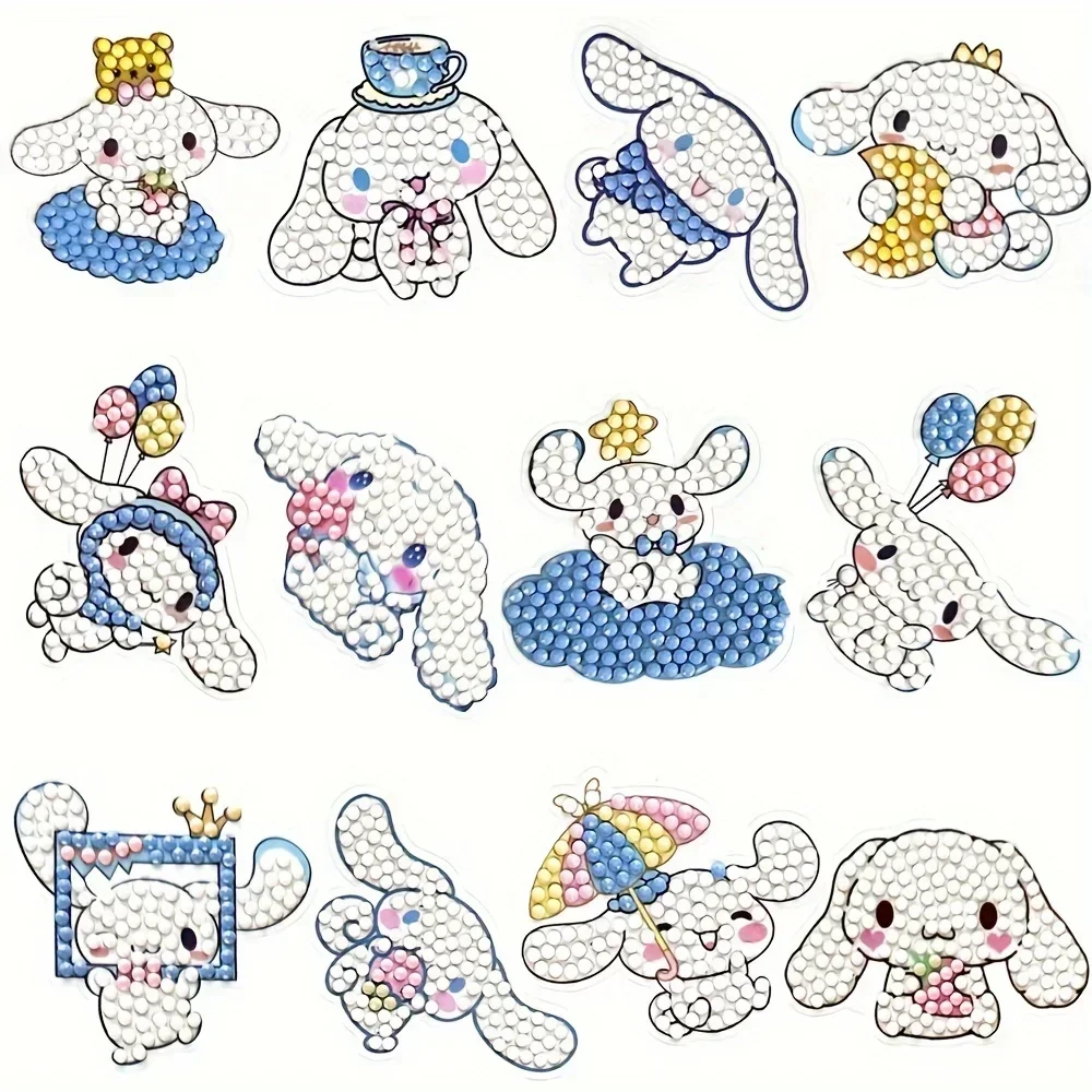 12 pçs crianças sanrio kuromi cinnamoroll pintura diamante adesivo conjunto 5d diy tema dos desenhos animados adesivo kit de desenho de acordo com os números