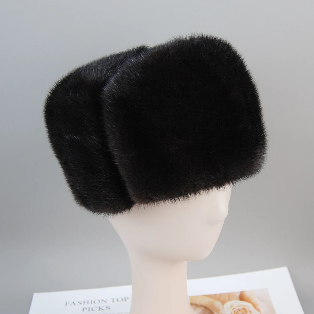 Real Mink Fur Cap Luxury Winter Whole Marten Hair Genuine Mink Fur Bomber Hats Unisex Thick Ear Warm Brown/Black Gorras Hombre